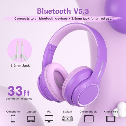 TONOSHARK Kids Bluetooth Headphones with Active Noise Cancelling, Wireless Over-Ear Headphones for Boys Girls, Foldable, Adjustable, 40H Playtime, Mic for School Travel(Purple) - color: Purple