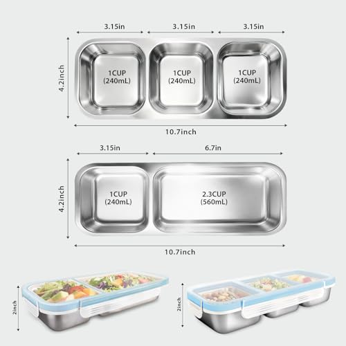 2-Piece Blue Stainless Steel Bento Box Set - 2+3 Compartment Leak-Proof Snackle Box, Reusable Snack Containers with Lids for Kids & Adults, Stainless Steel Lunch Box & Snack Pack Containers - color: 2+3 Compartments Blue
