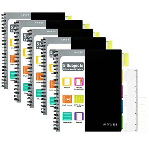 5-Subject Spiral Notebook, College Ruled, with Pocket & Tab Dividers | 200 Pages, 11" Ruler, 8.5"x11" 5PCBlack, Pocket Dividers with Tab Labels, for Writing Journal, Home, Office & School Supplies - color: 5PackBlack