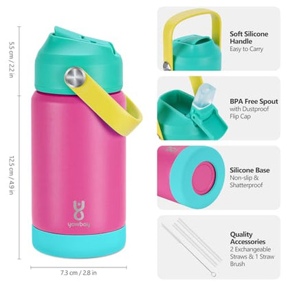 Kids Insulated Water Bottle with Straw Lid & Silicone Handle,12oz Kids Leak Proof Water Bottle for School Boys Girls,Double Wall Vacuum Stainless Steel with Non-slip Silicone Base(Rose Pink) - color: Rose Pink, size: 12 Ounces