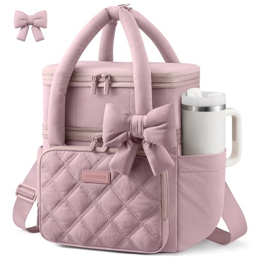LOVEVOOK Insulated Lunch Bag Women,Expandable Double Deck Adult Lunch Box Women with Cup Holder,Bow Quilted Puffer Lunch Tote,Large Leakproof Collapsible Cooler Bag for Work College Picnic Meal Prep - color: Pink, size: Large —15L