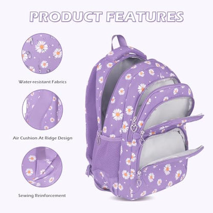 Glodwheat Daisy Printed Backpack For Girls- 3Pc Set With Lunch Box & Pencil Case, Lightweight Water-Resistant Bookbag For Elementary School - color: Purple