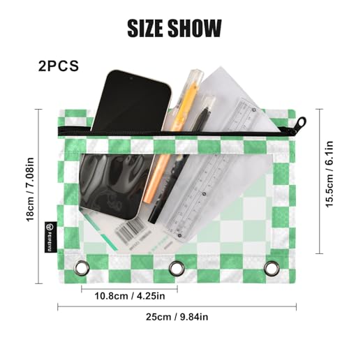 Green-White Lattice Pencil Pouch for 3 Ring Binder with Zipper 2 Pack Binder Pouches Cosmetic Bag with Clear Window - color: multi-p2