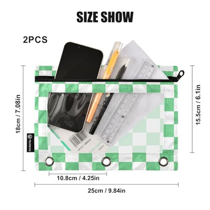 Green-White Lattice Pencil Pouch for 3 Ring Binder with Zipper 2 Pack Binder Pouches Cosmetic Bag with Clear Window - color: multi-p2