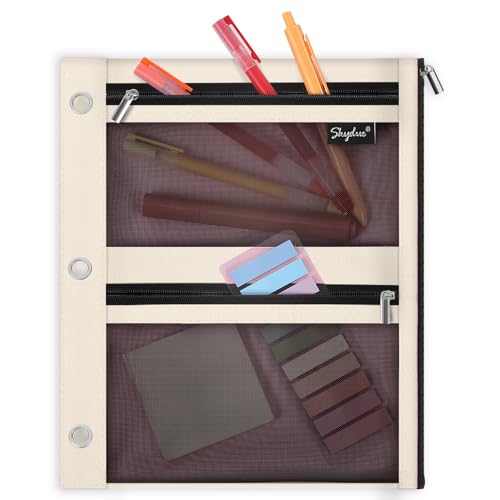 SKYDUE 3 Ring Pencil Pouch for Binder, Zipper Binder Pencil Pouch with 3 Pockets and Mesh Window, Durable Organizer for School Supplies, Cables, Earbuds, Makeup - color: Beige
