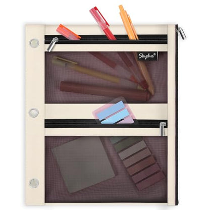 SKYDUE 3 Ring Pencil Pouch for Binder, Zipper Binder Pencil Pouch with 3 Pockets and Mesh Window, Durable Organizer for School Supplies, Cables, Earbuds, Makeup - color: Beige