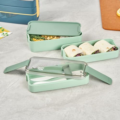 Bento Tek 30 Ounce Bento Box, 1 Stackable 3 Compartment Lunch Container - With Fork And Knife, Does Not Contain BPA, Green Plastic Reusable Lunch Box, Microwavable, Dishwashable - Restaurantware - size: 1 Count, style: 30 oz - Green