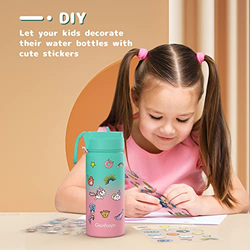 Gonfoam 16oz Kids Stainless Steel Insulated Water Bottle | DIY Stickers, BPA-free, Leak-proof, Sturdy, Keeps Cold 24h, Easy to Carry, Easy to Clean, Back to School, Gifts - color: Green and Pink, size: 16 Ounces