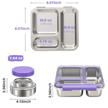 Pawtong Stainless Steel Bento Box Kids Adult with 7oz Insulated Food Jar, Transparent Lid Metal Lunch Box With Soup Thermal Jar, Lunch Box Container with Removable Divider & Sauce Cup School (Purple) - color: Purple