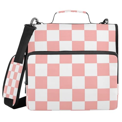 3 Ring Zipper Binder With Shoulder Strap Documents Storage Organizer Animal Dog - color: Pink White Checked Pattern