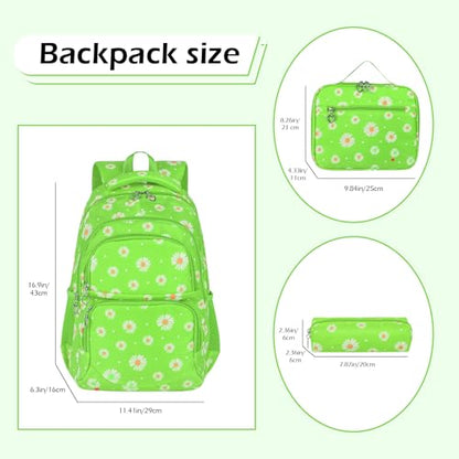 Glodwheat Daisy Printed Backpack For Girls- 3Pc Set With Lunch Box & Pencil Case, Lightweight Water-Resistant Bookbag For Elementary School - color: Grass-green