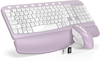 SABLUTE Wireless Keyboard and Mouse Combo with Ergonomic Wave Key | Leather Soft Palm Rest, 2.4G Full Size, 6-Button Mouse, 4-Level DPI, USB-A/C, MA12 Set for PC, Laptop, Windows, Mac (Purple) - color: Lavender Purple