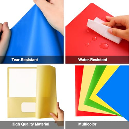 100 Pack Plastic Folders with Pockets, 5 Color Heavy Duty Two Pocket Folder | Business Card Holder for Office, High School, Business Resume