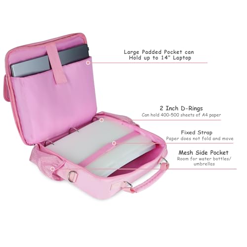 3 Ring Zipper Binder 500-Sheet Zipper Binder Adjustable Shoulder Strap & Handle for 14 Inch Laptop for School and Office (pink)