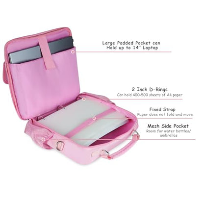 3 Ring Zipper Binder 500-Sheet Zipper Binder Adjustable Shoulder Strap & Handle for 14 Inch Laptop for School and Office (pink)