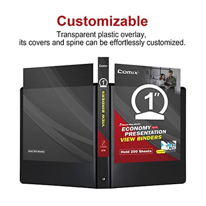 COMIX Sturdy 3 Ring Binder 1 inch with Clear View Cover, 1" Round Ring View Binder, PVC-Free, 200 Sheets Capacity of US Letter Size Paper, Office ＆ School Supplies, 24 Pack (Black) - color: Black, size: 1 Inch, style: 24 Pack