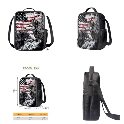 American Flag Wolf Backpack for Boys Kids Backpack with Lunch Box Water Bottle Bag and Soft Pencil Case 4PCS Set Bookbag with Front Pocket for School Teens 17 inch Large Capacity School Bag - color: American Flag Wolf