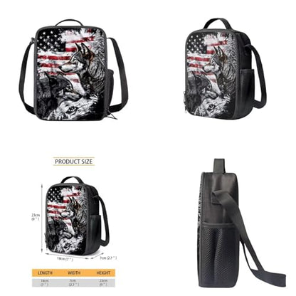American Flag Wolf Backpack for Boys Kids Backpack with Lunch Box Water Bottle Bag and Soft Pencil Case 4PCS Set Bookbag with Front Pocket for School Teens 17 inch Large Capacity School Bag - color: American Flag Wolf