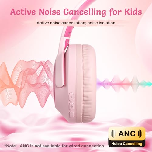 TONOSHARK Kids Bluetooth Headphones with ANC, Wireless Over-Ear Headset for Boys and Girls, Foldable & Adjustable, Ideal for School, Travel and Online Learning(Light Pink) - color: Pink