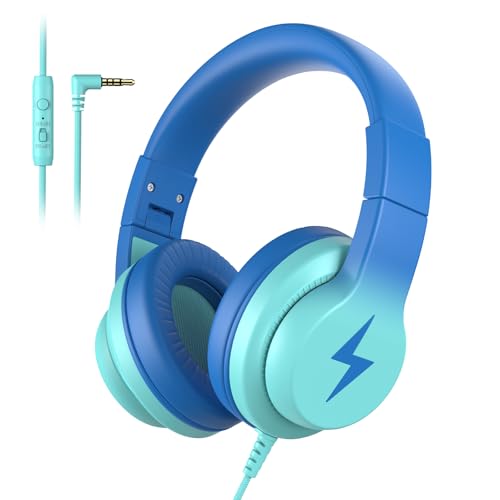 Candy Bila Kids Headphones, Wired Headphones for Kids with Microphone, 85/94dB Volume Limiter Headphone for Girls Boys, Foldable Headphone for Online Study, Gradient Blue - color: Gradient Blue