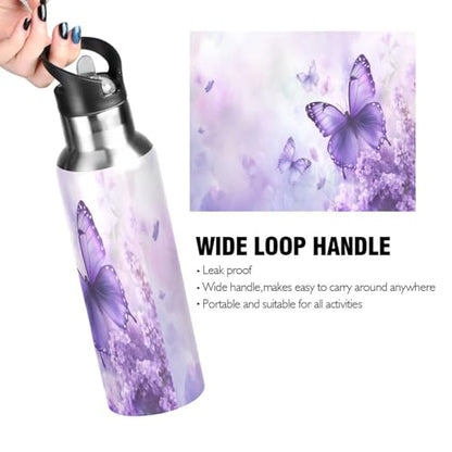Purple Butterfly Lilac Flowers Water Bottle Women Men Insulated Stainless Steel Water Bottles with Straw Lid Leakproof Water Flask for Sports 20 oz