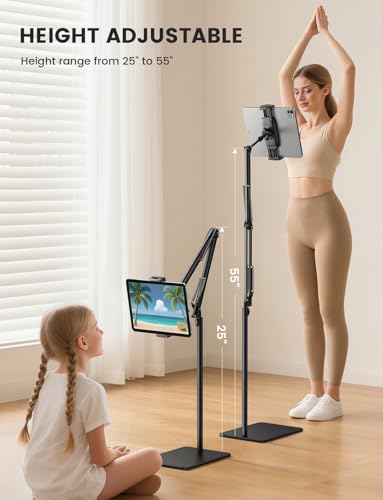 Lamicall Kindle Stand Tablet Holder - 55" Height Adjustable, Flexible Arm, Heavy Base Tablet Mount, Kindle Accessories, Universal Multi Angle Bed Phone Mount for 4.7-13" iPad Pro Air, Tabs, E-Readers