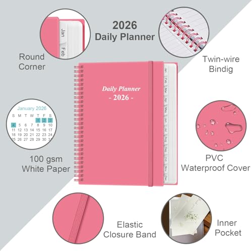 Daily Planner 2026 Full Page Per Day- 2026 Daily & Monthly Planner from January 2026 to December 2026, Day Planner 2026 with 12 Months Tabs, 8.5" x 11", Pink - color: Pink, size: 8.5" x 11"