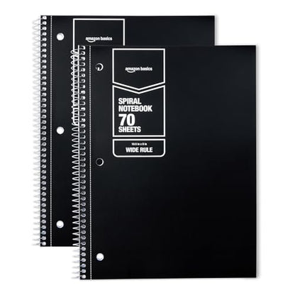 Amazon Basics Wide-Ruled Spiral Notebooks, 8" x 10-1/2", 70 Sheets, Black, 2-Pack - color: Black, style: Wide Ruled 2-pack