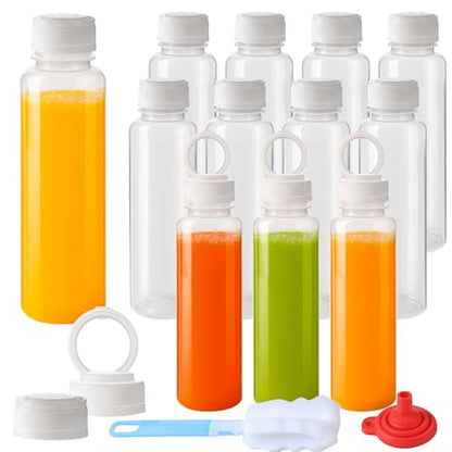 zmybcpack 12 Pack 12oz Plastic Juice Bottle with Cap Dishwasher Safe | Reusable Juicing Bottles Heat-Resistant, Bulk Beverage Containers with Lids for Juice (Handheld Pull Ring Cap) - size: 12oz 12pack (white lids)