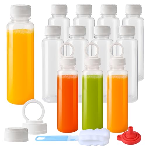 zmybcpack 12 Pack 12oz Plastic Juice Bottle with Cap Dishwasher Safe | Reusable Juicing Bottles Heat-Resistant, Bulk Beverage Containers with Lids for Juice (Handheld Pull Ring Cap) - size: 12oz 12pack (white lids)