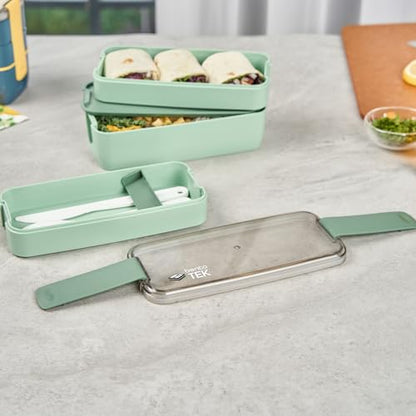 Bento Tek 30 Ounce Bento Box, 1 Stackable 3 Compartment Lunch Container - With Fork And Knife, Does Not Contain BPA, Green Plastic Reusable Lunch Box, Microwavable, Dishwashable - Restaurantware - size: 1 Count, style: 30 oz - Green