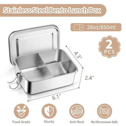 TeamFar 2 Pack Stainless Steel Bento Box, 28oz Metal Lunch Box | with 3 Compartments for Adults/Kids, Lunch Food Containers for School/Work/Meal Prep, Leak-Proof & Dishwasher Safe, 850ML - size: 850ML