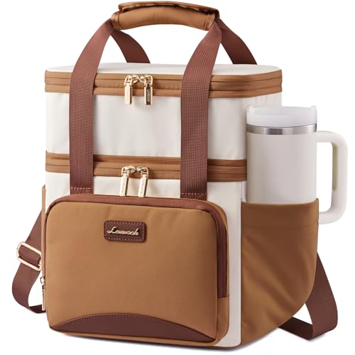 LOVEVOOK Insulated Lunch Bag For Women Men,Expandable Double Deck Lunch Box With Large Cup Holder,Leakproof Cooler Bag For Adult Lunch Tote Bag Work Picnic Beach with Adjustable Shoulder Strap Gift - color: Off White with Light Brown, size: Large —17L