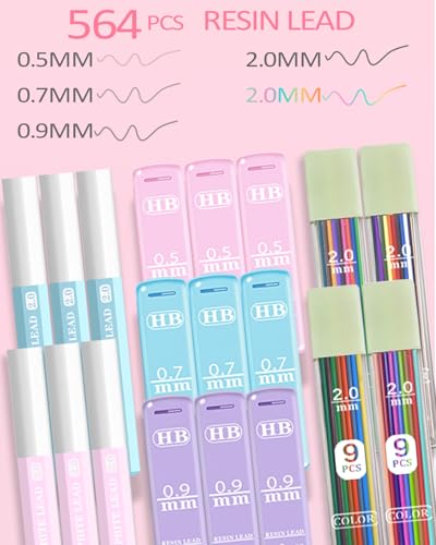 JIZHIYUAN Mechanical Pencil Set with Pink Pencil Case,12X Pastel Mechanical Pencil 0.5mm-2.0mm with 564X HB+36X Color Leads for Writing, Drafting, Drawing, Sketching Ideal College Study Essentials - color: Pink