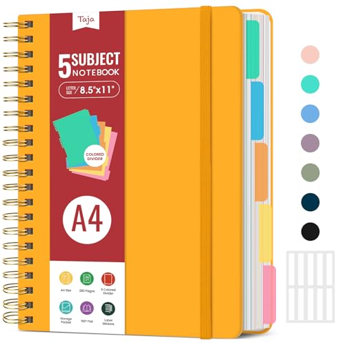 Hardcover Spiral Journal Notebooks for Work With Removable Dividers & Tabs, 8.5"x11" 5 Subject Notebook for Note Taking & Organizer, A4 College Ruled Lined Journal for Women & Writing, Yellow, 280 Pages - color: G-Yellow
