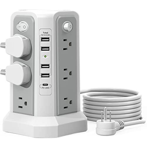 Surge Protector Power Strip Tower with PD18W USB C Port,10FT Extension Cord with 12 AC Mutiple Outlets 5 USB Charging Ports, PASSUS Power Tower Surge Protection for Home Office Dorm Room - style: Gray White-4A1C
