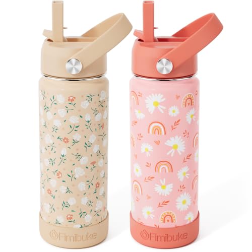 Fimibuke Kids Insulated Water Bottle, 18oz BPA FREE Kids Cup with Straw Double Wall Vacuum Travel Tumbler 18/8 Stainless Steel Leak Proof Toddler Water Bottle for School Boys Girls, 2 Pack - color: Daisy & Rose