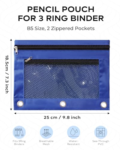 3 Ring Pencil Pouch for Binder, 2-Pocket Zipper Pencil Case with Clear Window & Mesh Pocket, Heavy Duty 600D Oxford Fabric Binder Pouch for School Office Supplies (Deep Blue) - color: Deep Blue
