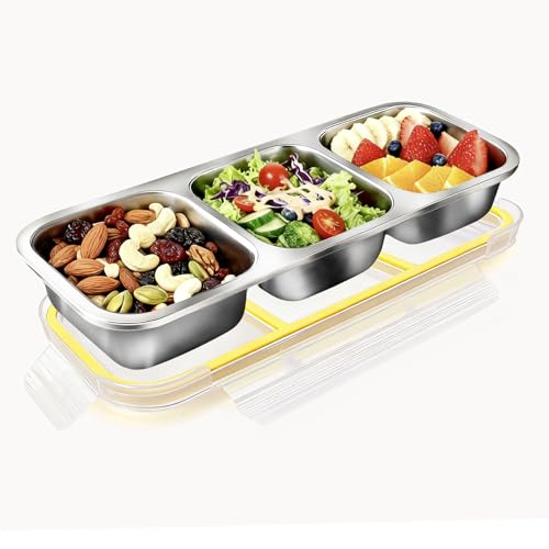 Upgraded Stainless Steel Snack Container for Kids & Adults - Leak-Proof 3-Compartment Stackable Snack Lunch Box for Daycare, School, Work & Travel (3Compartment Yellow) - color: 3 Compartments Yellow-