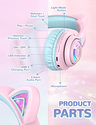 iClever BTH13 여아용 아동용 블루투스 헤드폰, LED 고양이 귀 여행 선물 | SafeSound Tech, 50시간 재생, USB C 충전, AUX 케이블, 스테레오 사운드, 태블릿용 마이크가 있는 아동용 헤드폰 무선, 핑크 - color: 핑크