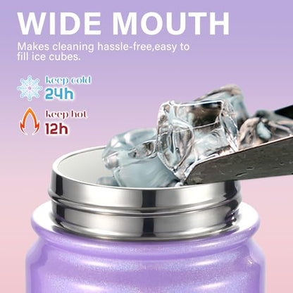 Mininoo Kids Water Bottle for School - 16 oz Stainless Steel Insulated Water Bottle with Ceramic-Lined, Leakproof Straw Lid & Beaded Handle for Girls & Boys - color: Sparkle Lavender