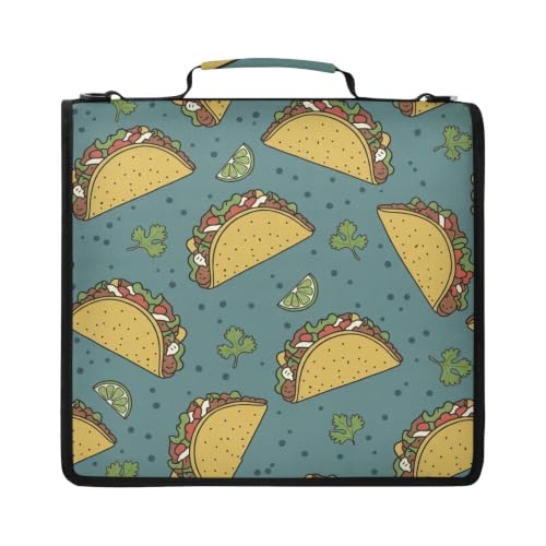 Mexican Tacos Zipper Binder Bag 2 Inch Binder Organizer for School Office | Large Capacity School Binders for Girls Boys Women Kids Men, Multi-Pocket Organizer Case with Strap for Students