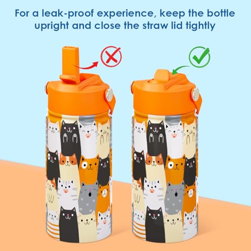 Kid Water Bottle 12oz with Straw Lid - 2-Pack Insulated Stainless Steel Water Bottles for Kids Girls Boys - Travel Cup for Back to School Sports Christmas Birthday (Cat & Bear) - color: Cat + Bear