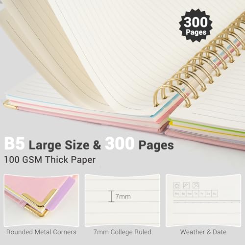 Hardcover Spiral Journal Notebook, 300 Pages 5 Subject Notebook College Ruled with Removable Dividers Tabs, 8" x 10" Notebooks for Work, Spiral Ruled Lined Writing Journal Hardcover Leather Notebook for School (Black, 8''x 10'') - color: New Black