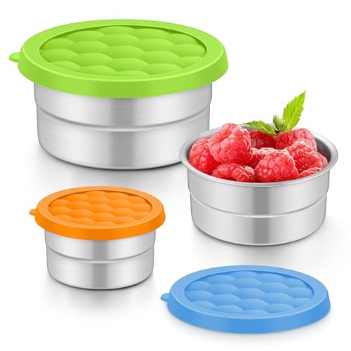 TeamFar Stainless Steel Snack Containers for Kids, (3oz, 6oz, 12.85oz) Leak-proof Round Food Container with Silicone Lid, Metal Lunch Box for Toddlers Adults Daycare School, Set of 3 (Multicolor) - color: Multicolor, size: 3oz,6oz,12.85oz