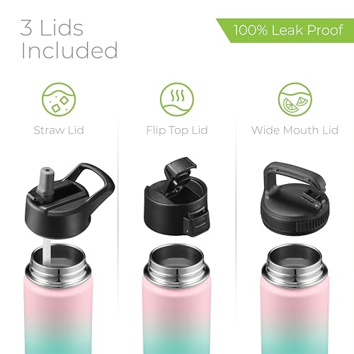 SipX™ 18 oz Insulated Water Bottle with 3 Lids – Leakproof Stainless Steel, Triple Insulated – Cold 24 Hours/Hot 12 Hours – Durable Bottle for School, Gym, Travel – Gradient Mint Pink - color: Gradiant Mint Pink, size: 18 Ounces