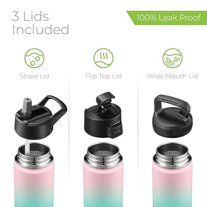 SipX™ 18 oz Insulated Water Bottle with 3 Lids – Leakproof Stainless Steel, Triple Insulated – Cold 24 Hours/Hot 12 Hours – Durable Bottle for School, Gym, Travel – Gradient Mint Pink - color: Gradiant Mint Pink, size: 18 Ounces