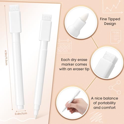 200 Pcs White Dry Erase Markers Pens Dry Erase Marker with Eraser Cap White Chalk Markers Pens Fine Point Tip Erases Marker Bulk Low Odor Blackboard Marking Pen for Office School Home
