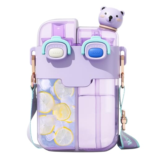 Cute Water Bottle for Kids: 26oz Kawaii Water Bottle for Girls, Funny Bear Water Bottles with Straw and Strap, Dual Compartments Leak-Proof Plastic Drinking Cup for School Sport Travel (Purple) - color: Purple