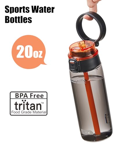TKK Sports Water Bottle with Straw & Build-in Carrying Handle, Spill-Proof 2-in 1 Lid, 20 oz Plastic Bottles, Dishwasher Safe, Leak-Proof Locking Lid for Kids, Outdoor, School Backpack, Black - color: Black